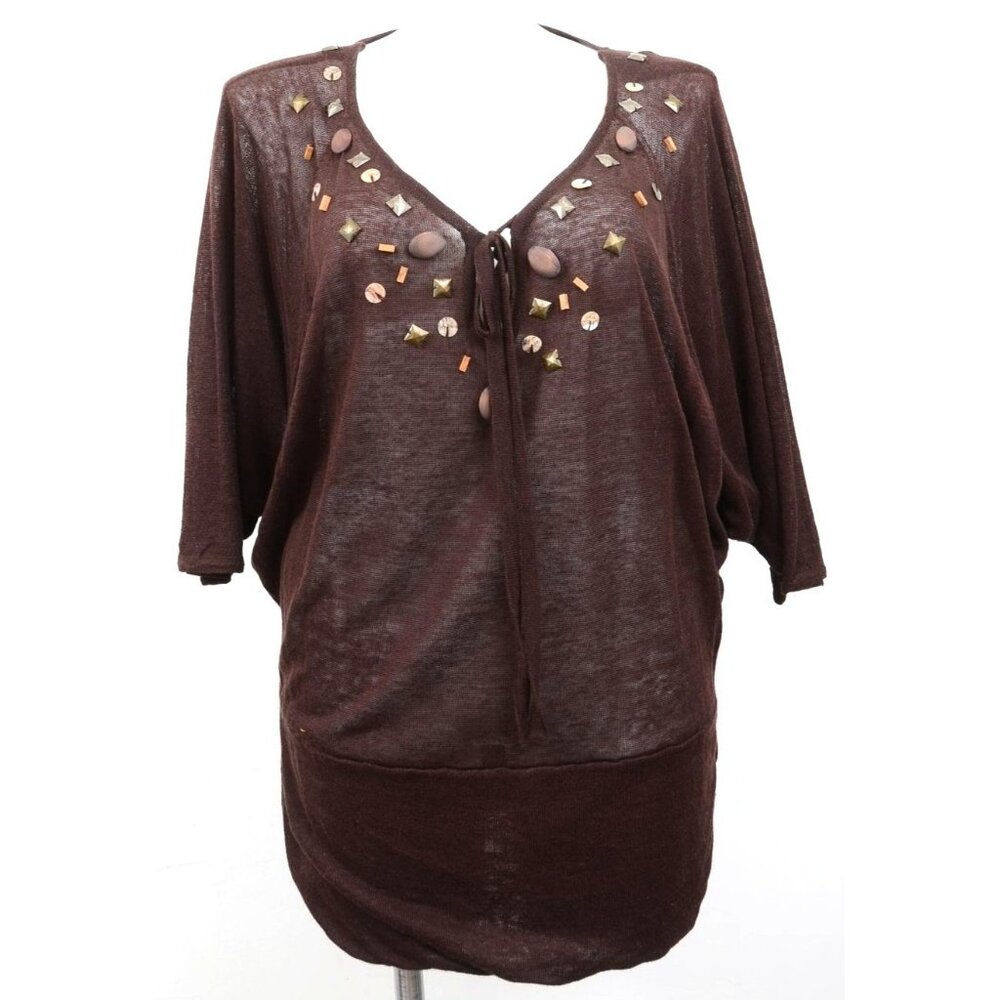 Vintage Spiegel Linen Blend Beaded 3/4 Butterfly Sleeves Tie Front Boho XL Top